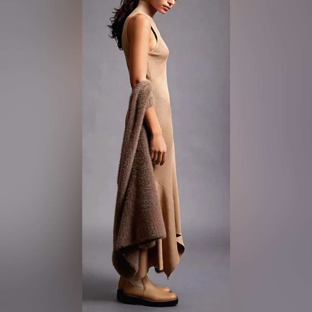 Anthropologie Knit Mock Turtle Neck Midi Tan Cedar Sweater Dress Size XS - Picture 7 of 12